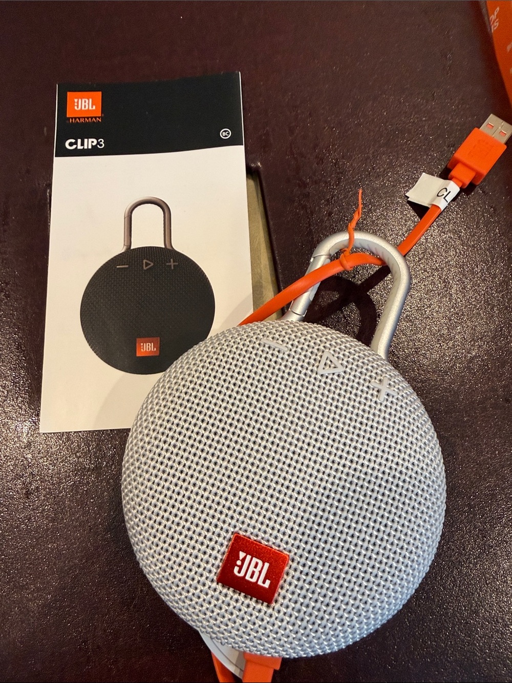 JBL Clip 3 Portable Bluetooth Speaker - Light Gray with Orange Cable